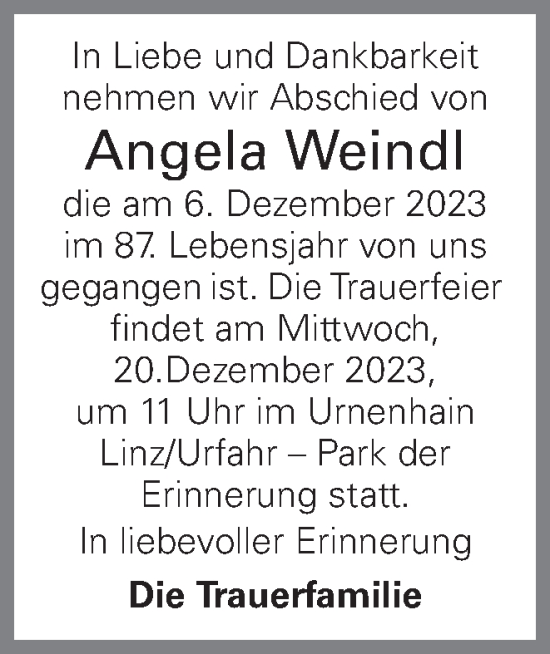 Traueranzeige von Angela Weindl von OÖNachrichten