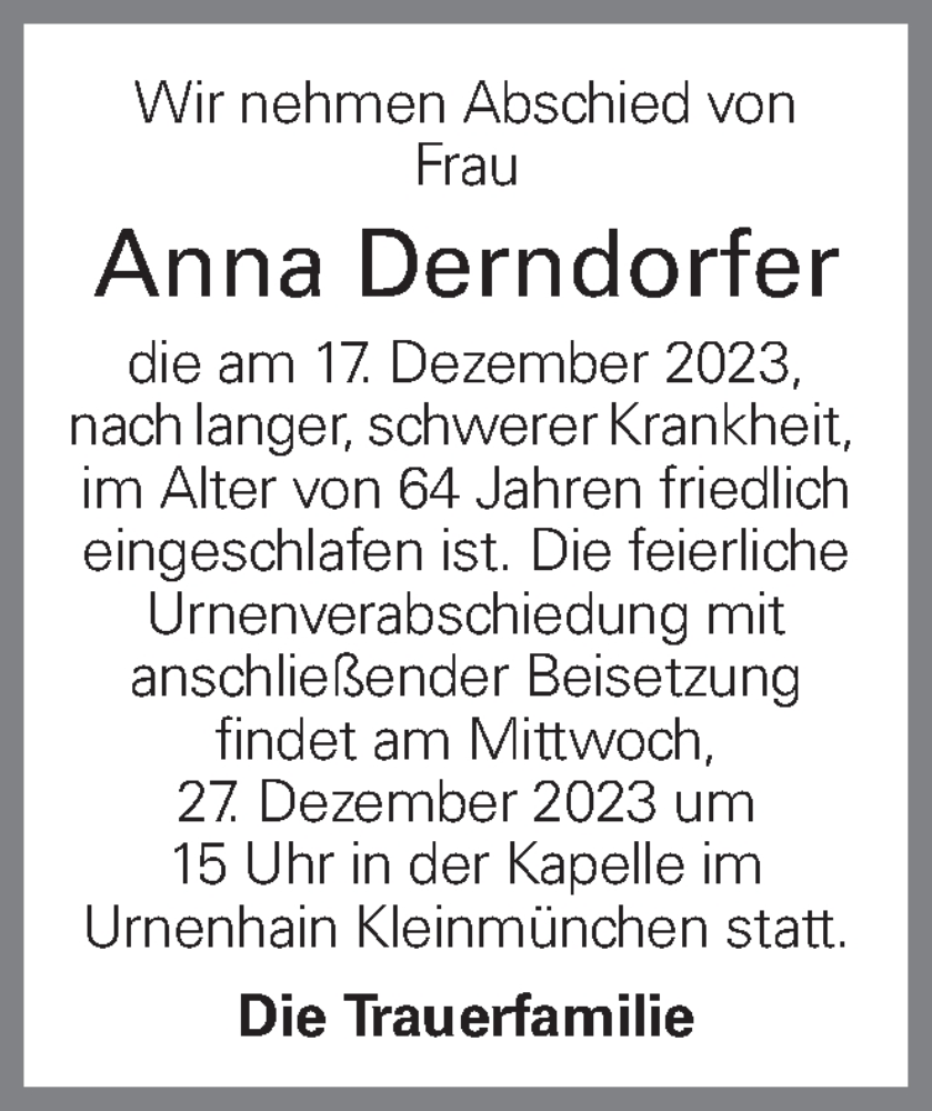  Traueranzeige für Anna Derndorfer vom 22.12.2023 aus OÖNachrichten