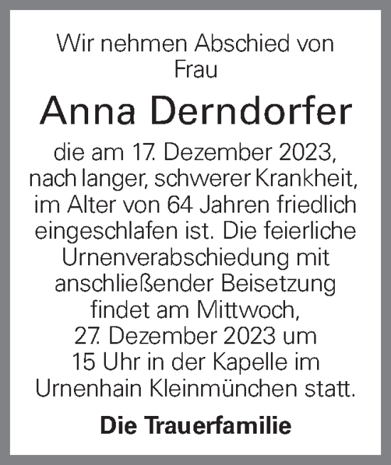 Traueranzeige von Anna Derndorfer von OÖNachrichten