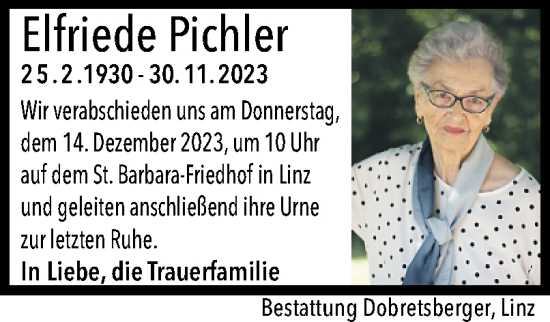 Traueranzeige von Elfriede Pichler von OÖNachrichten