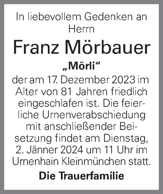 Traueranzeige von Franz Mörbauer von OÖNachrichten