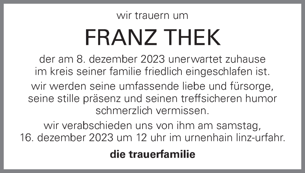  Traueranzeige für Franz Thek vom 14.12.2023 aus OÖNachrichten