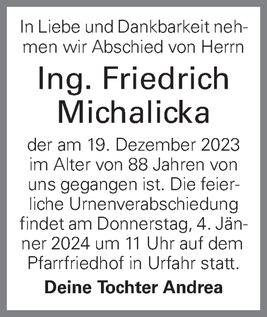 Traueranzeige von Friedrich Michalicka von OÖNachrichten