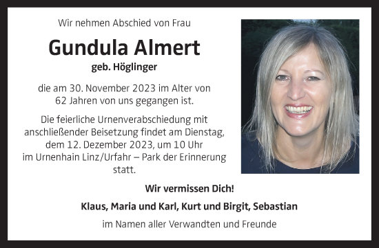 Traueranzeige von Gundula Almert von OÖNachrichten