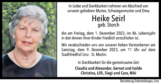 Traueranzeige von Heike Seirl von OÖNachrichten