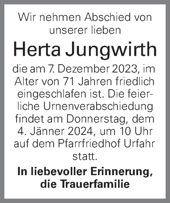 Traueranzeige von Herta Jungwirth von OÖNachrichten