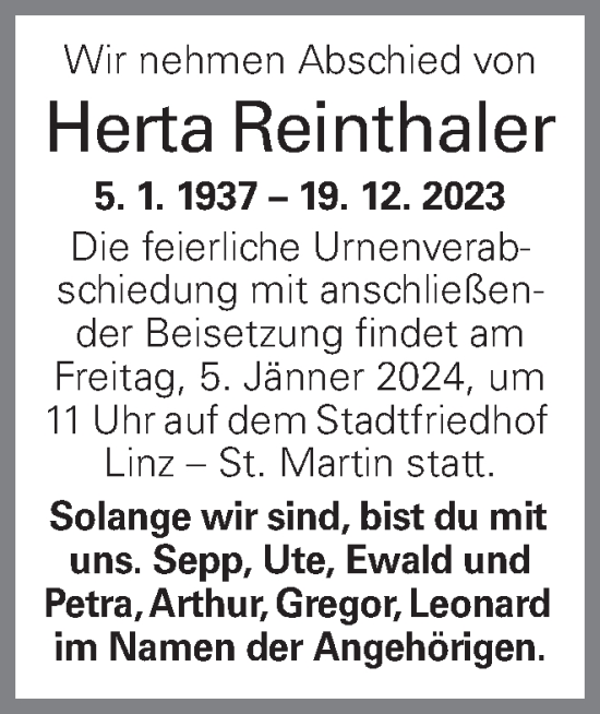 Traueranzeige von Herta Reinthaler von OÖNachrichten