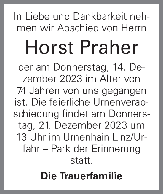 Traueranzeige von Horst Praher von OÖNachrichten