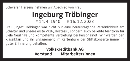 Traueranzeige von Ingeburg Tröbinger von OÖNachrichten