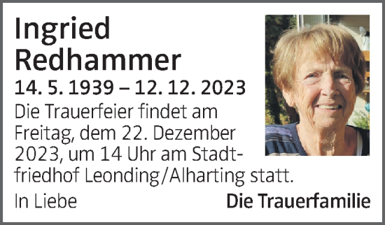 Traueranzeige von Ingried Redhammer von OÖNachrichten