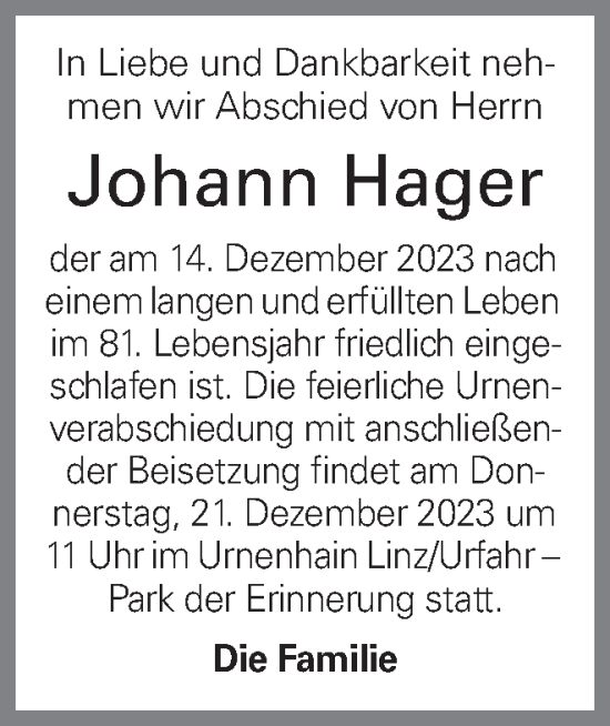 Traueranzeige von Johann Hager von OÖNachrichten