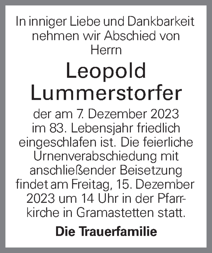  Traueranzeige für Leopold Lummerstorfer vom 13.12.2023 aus OÖNachrichten