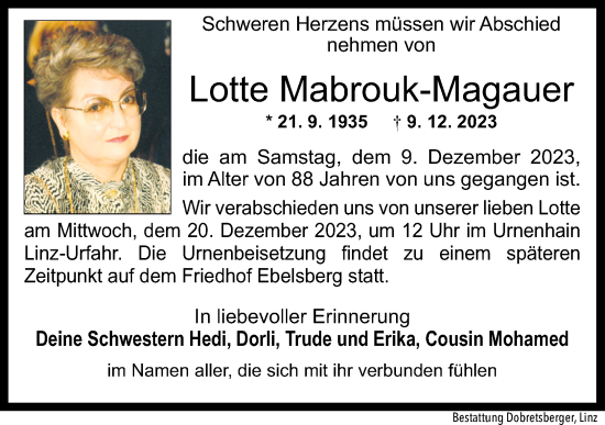 Traueranzeige von Lotte Mabrouk-Magauer von OÖNachrichten