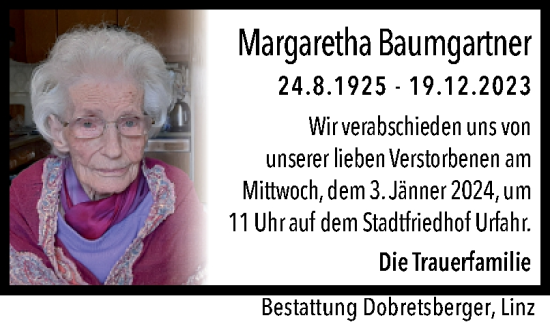 Traueranzeige von Margaretha Baumgartner von OÖNachrichten