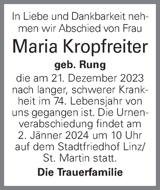 Traueranzeige von Maria Kropfreiter von OÖNachrichten