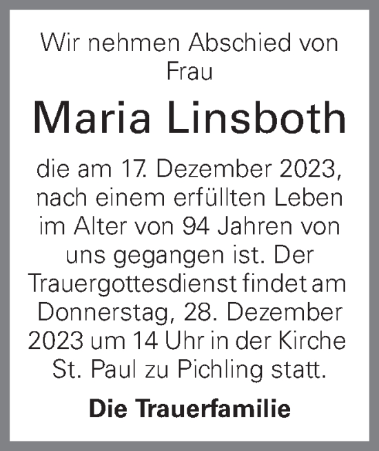 Traueranzeige von Maria Linsboth von OÖNachrichten