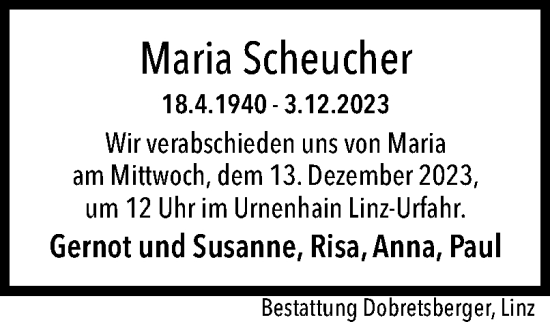 Traueranzeige von Maria Scheucher von OÖNachrichten