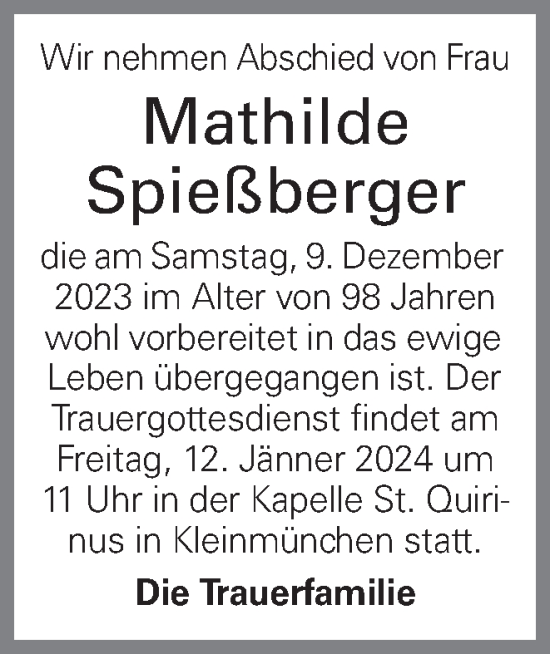 Traueranzeige von Mathilde Spießberger von OÖNachrichten