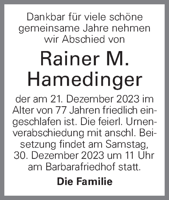 Traueranzeige von Rainer Hamedinger von OÖNachrichten