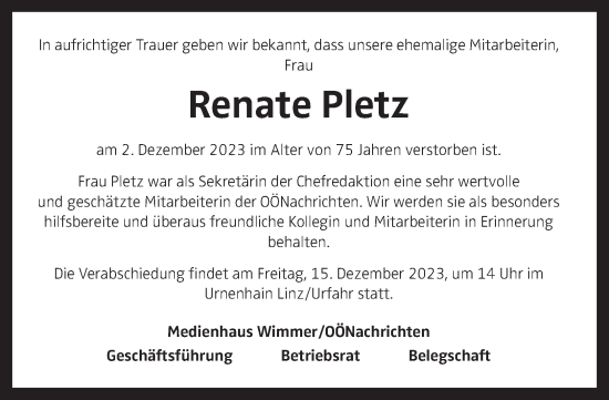 Traueranzeige von Renate Pletz  von OÖNachrichten