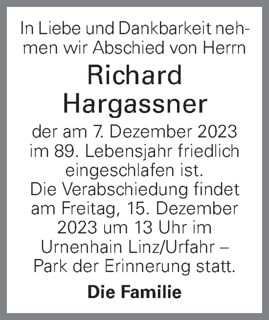 Traueranzeige von Richard Hargassner von OÖNachrichten