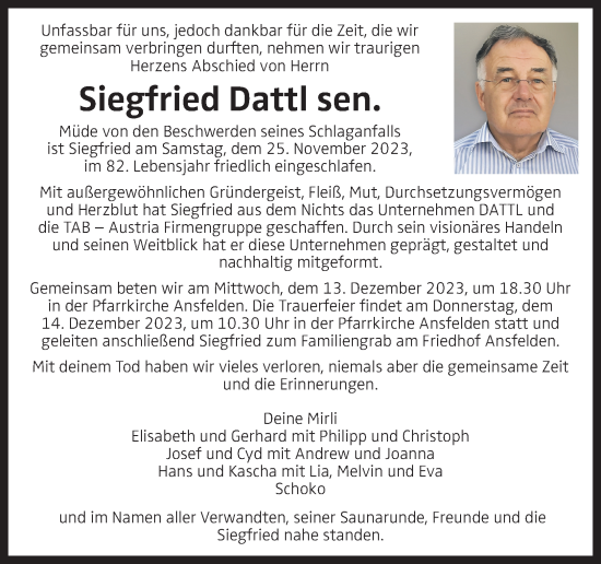 Traueranzeige von Siegfried Dattl von OÖNachrichten