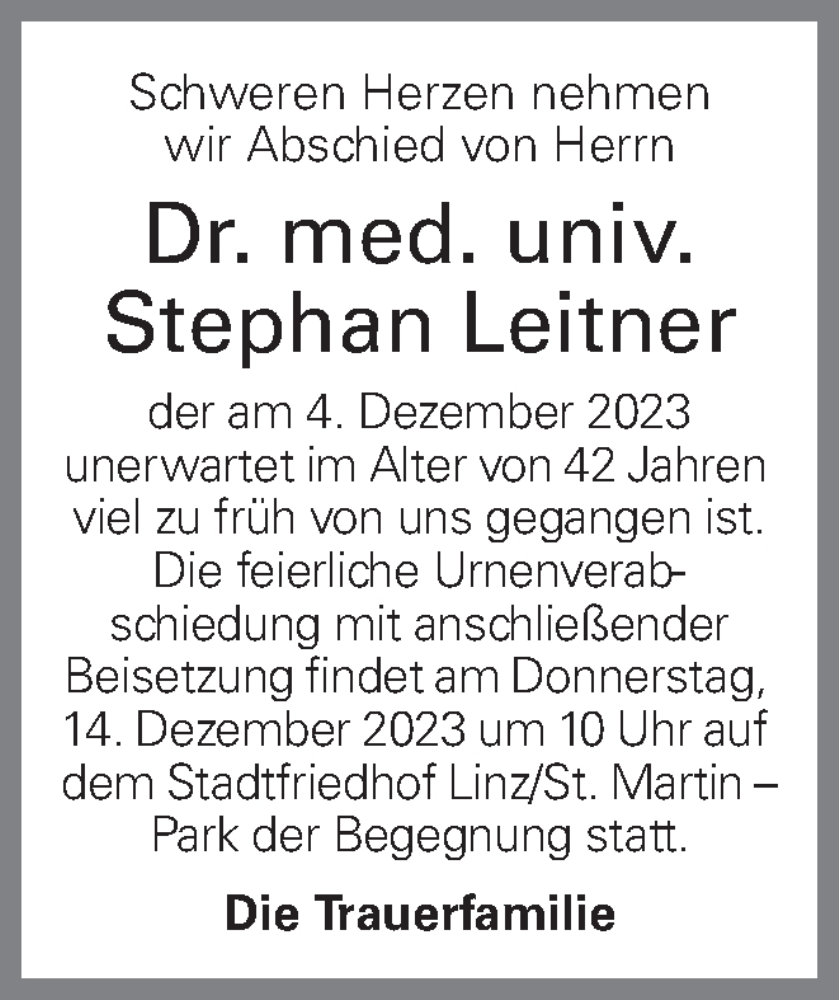  Traueranzeige für Stephan Leitner vom 12.12.2023 aus OÖNachrichten