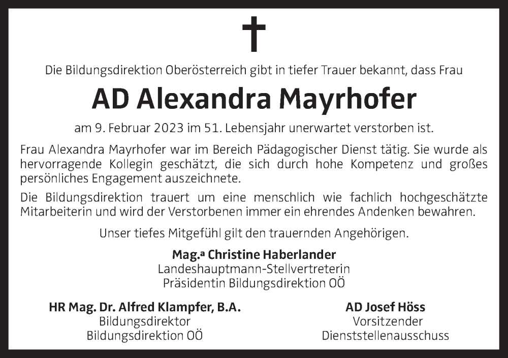  Traueranzeige für Alexandra Mayrhofer vom 11.02.2023 aus OÖNachrichten
