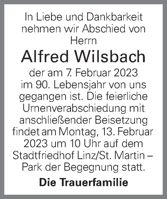 Traueranzeige von Alfred Wilsbach von OÖNachrichten