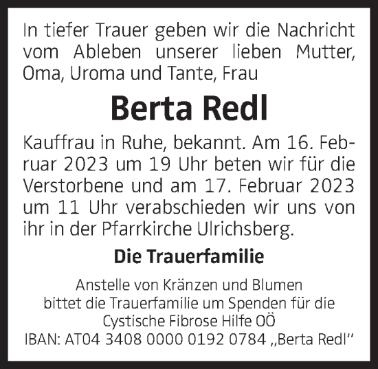 Traueranzeige von Berta Redl von OÖNachrichten
