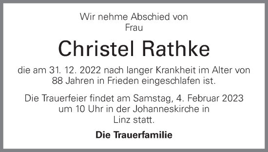 Traueranzeige von Christel Rathke von OÖNachrichten