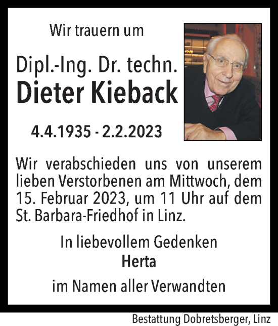 Traueranzeige von Dieter Kieback von OÖNachrichten
