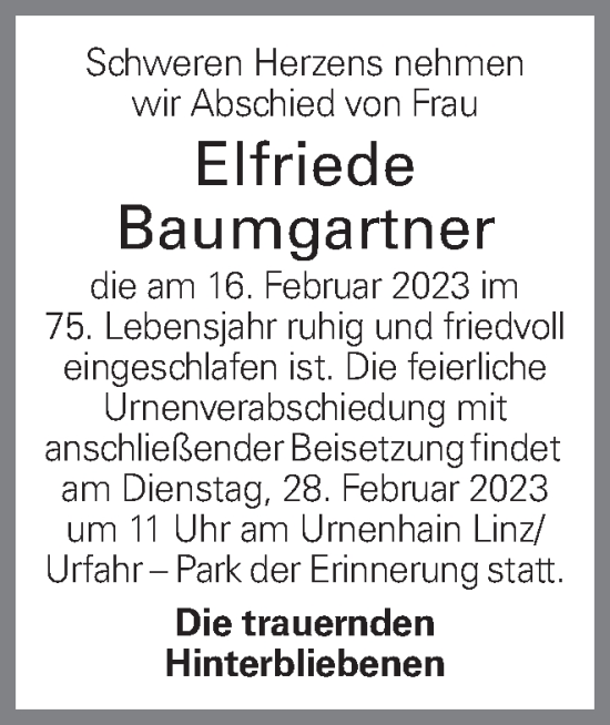 Traueranzeige von Elfriede Baumgartner von OÖNachrichten