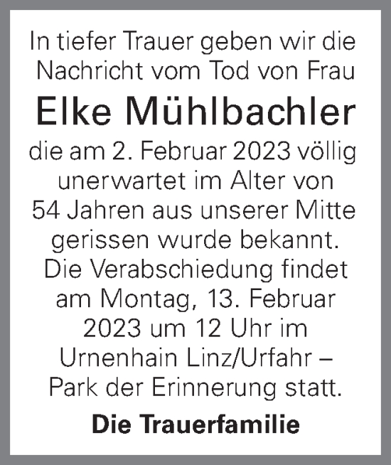 Traueranzeige von Elke Mühlbachler von OÖNachrichten
