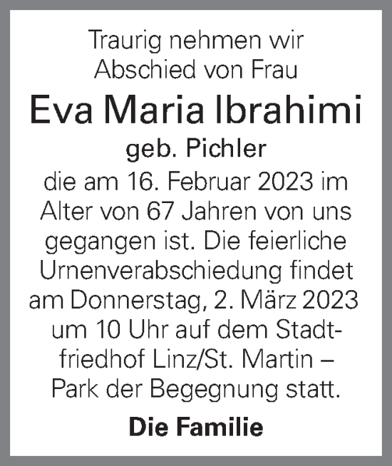 Traueranzeige von Eva Maria Ibrahimi von OÖNachrichten