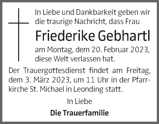Traueranzeige von Friederike Gebhartl von OÖNachrichten