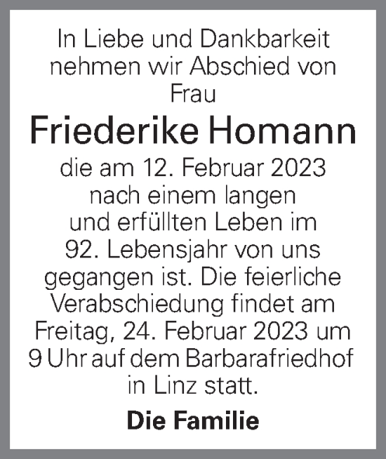 Traueranzeige von Friederike Homann von OÖNachrichten