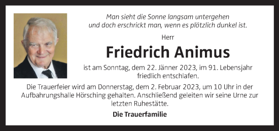 Traueranzeige von Friedrich Animus von OÖNachrichten