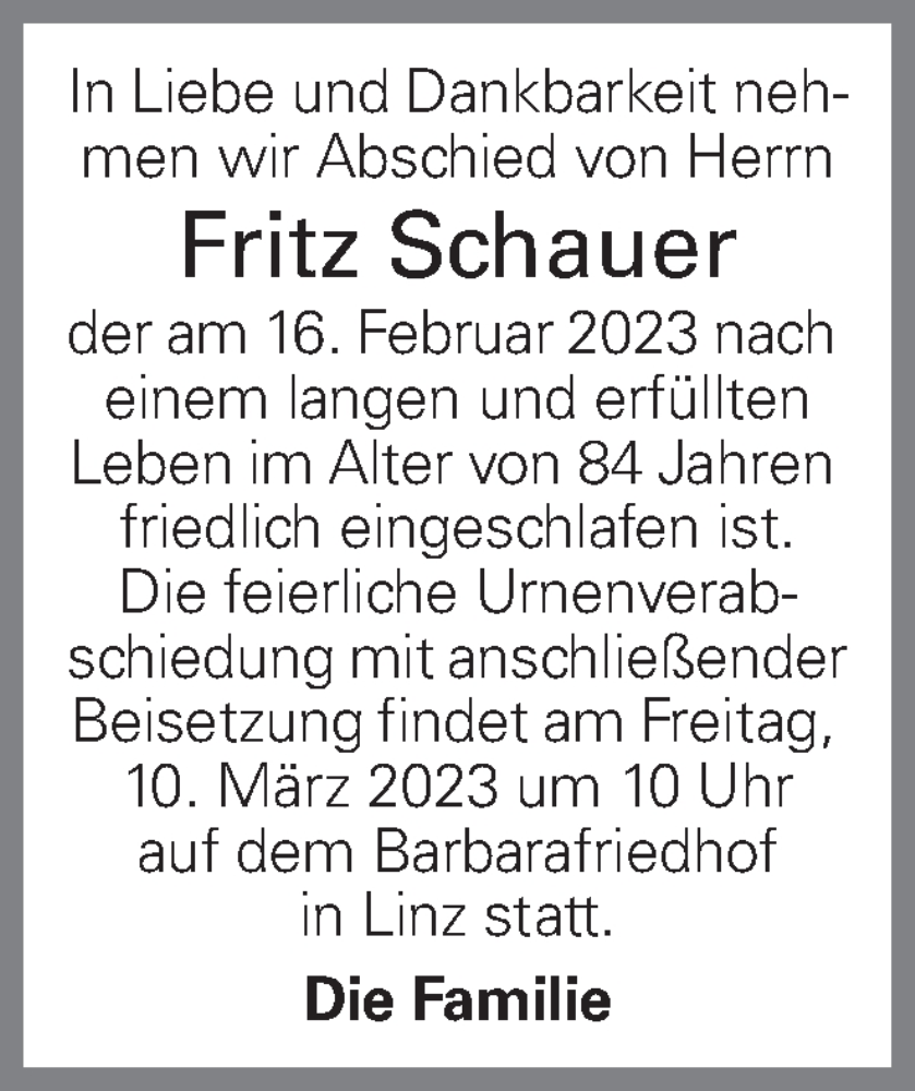  Traueranzeige für Fritz Schauer vom 21.02.2023 aus OÖNachrichten