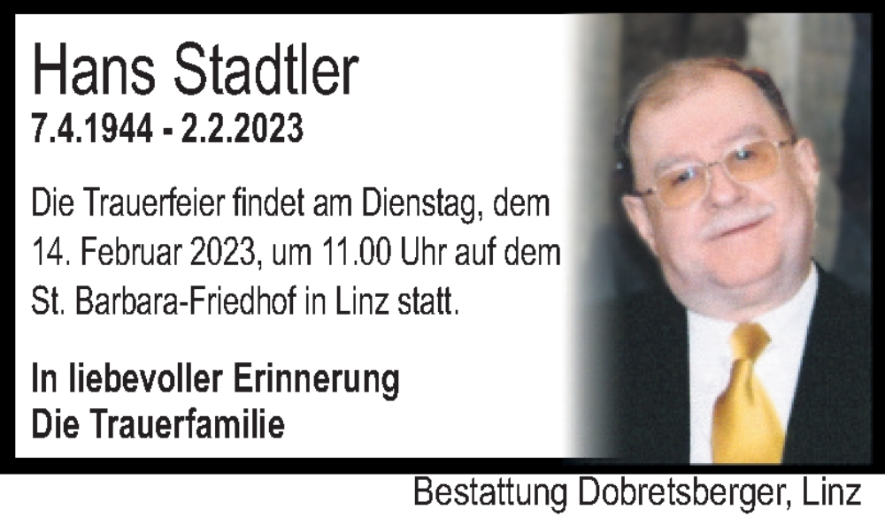  Traueranzeige für Hans Stadtler vom 04.02.2023 aus OÖNachrichten