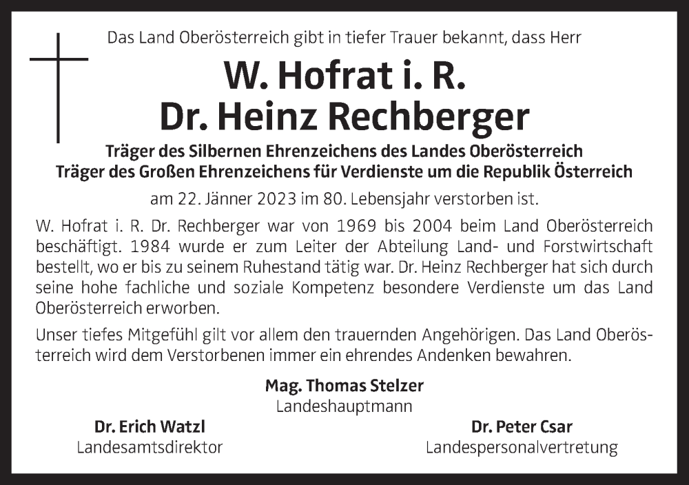  Traueranzeige für Heinz Rechberger vom 30.01.2023 aus OÖNachrichten