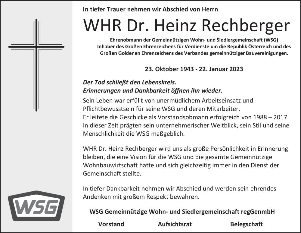  Traueranzeige für Heinz Rechberger vom 28.01.2023 aus OÖNachrichten