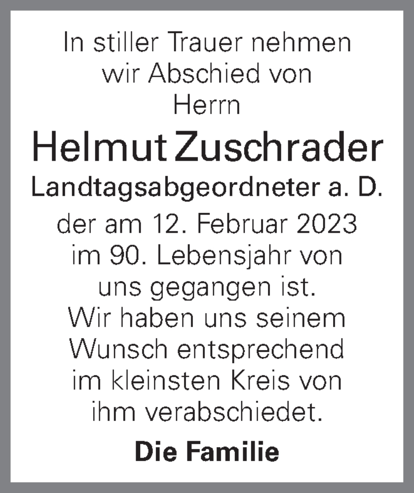  Traueranzeige für Helmut Zuschrader vom 23.02.2023 aus OÖNachrichten