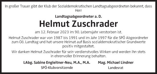 Traueranzeige von Helmut Zuschrader von OÖNachrichten