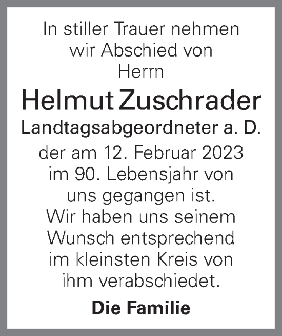 Traueranzeige von Helmut Zuschrader von OÖNachrichten