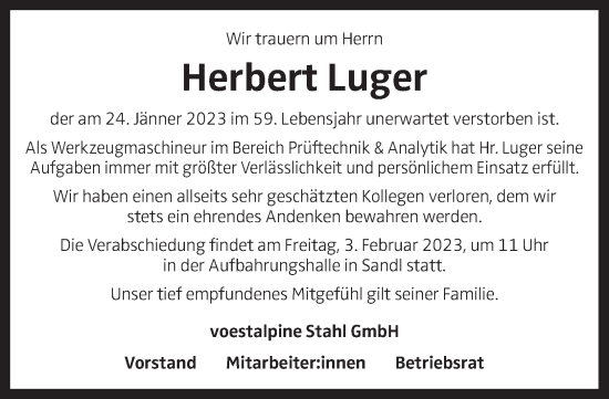 Traueranzeige von Herbert Luger von OÖNachrichten