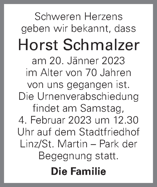 Traueranzeige von Horst Schmalzer von OÖNachrichten