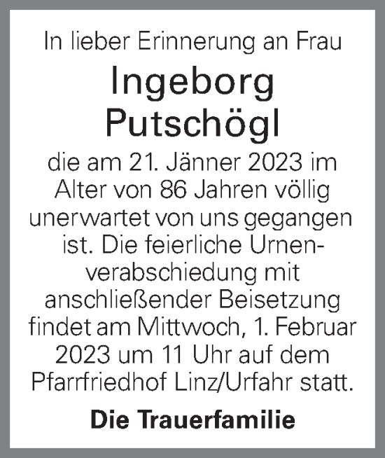 Traueranzeige von Ingeborg Putschögl von OÖNachrichten