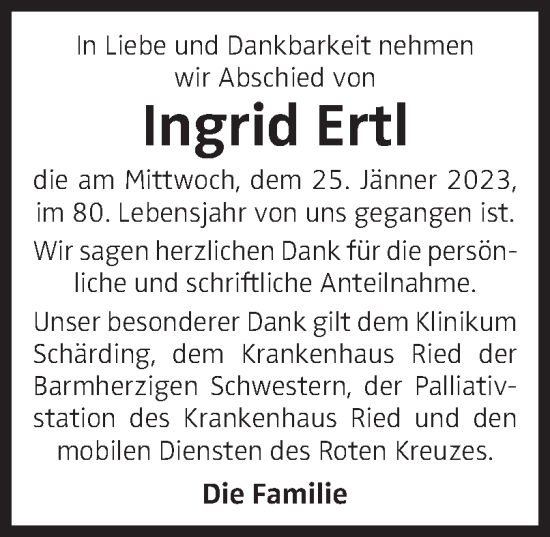 Traueranzeige von Ingrid Ertl von OÖNachrichten