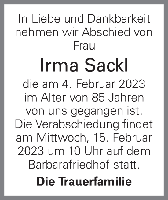 Traueranzeige von Irma Sackl von OÖNachrichten